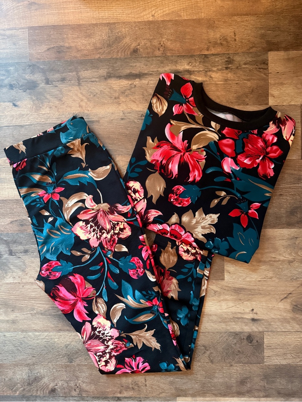 SHEIN Black Floral Set with Teal, Pink & Gold Accents